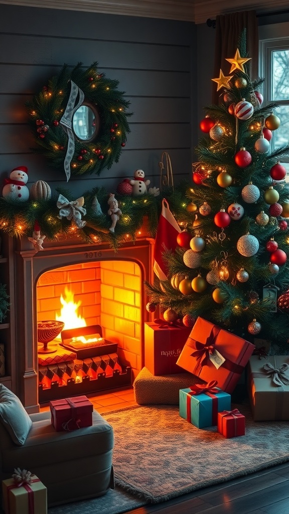 A cheerful Christmas setting with a tree and presents.